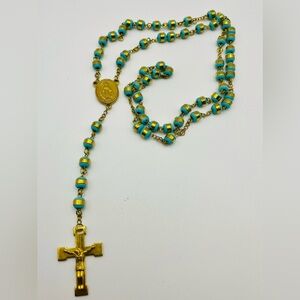 Mother Mary Miraculous Rosary Necklace with Turquoise and Gold Beads. 28 inches